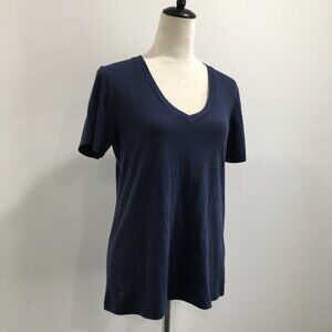 JOHNNY WAS Calme Short Sleeve Navy Blue Organic Cotton Blend V Neck Shirt Top